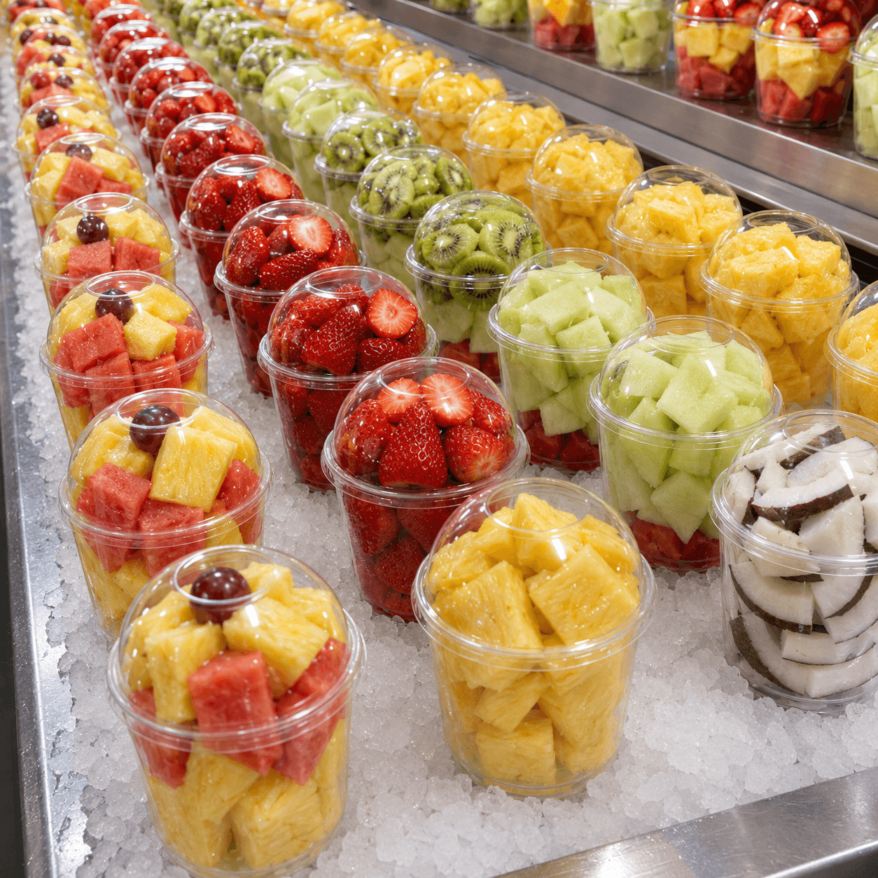 Fruta cortada en vasos individuales sobre hielo