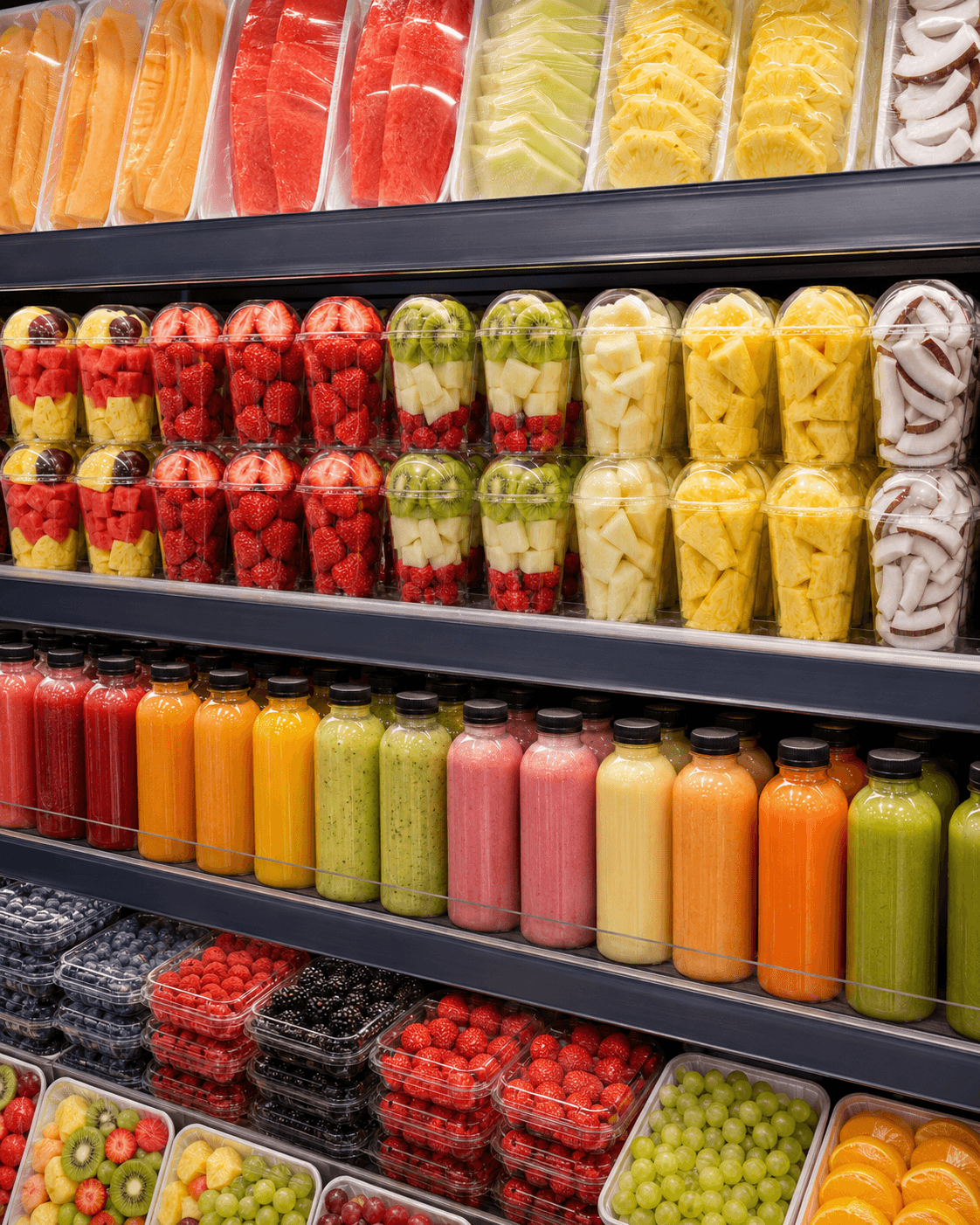 Lineal refrigerado con fruta cortada y zumos naturales