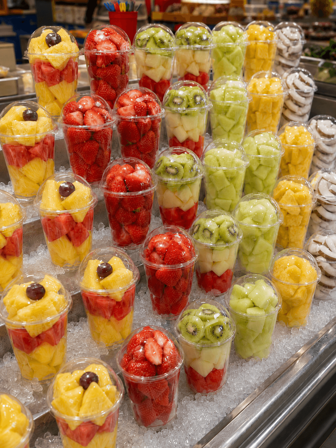 Vasos de piña, fresa, melón, kiwi y coco preparados para servir