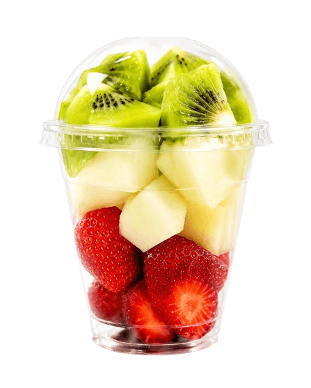 Vaso de fruta cortada por capas con fresa, melón y kiwi